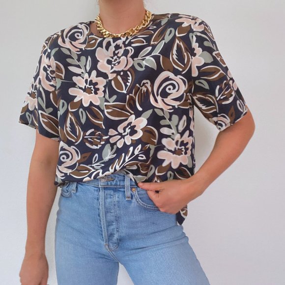 Vintage Silk Floral Short Sleeve Blouse Navy - Picture 3 of 8